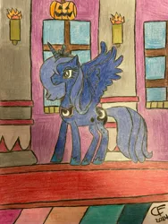 Size: 3024x4032 | Tagged: safe, artist:celestialflare, derpibooru import, princess luna, alicorn, pony, g4, carpet, female, fire, image, jpeg, mare, mlp fim's fourteenth anniversary, pillar, pumpkin, red carpet, s1 luna, signature, solo, traditional art, window