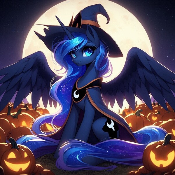 Size: 1024x1024 | Tagged: safe, ai content, derpibooru import, machine learning generated, prompter:tychotma-1, princess luna, alicorn, pony, g4, cape, clothes, cute, ethereal mane, full moon, generator:bing image creator, generator:dall-e 3, halloween, hat, holiday, image, jack-o-lantern, jpeg, lunabetes, moon, night, pumpkin, pumpkin patch, sitting, smiling, solo, spread wings, starry mane, stars, wings, witch, witch hat