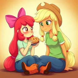 Size: 1024x1024 | Tagged: safe, ai content, derpibooru import, machine learning generated, prompter:tk-1976, apple bloom, applejack, human, equestria girls, g4, apple sisters, duo, duo female, female, food, image, jpeg, pie, siblings, sisters, sitting