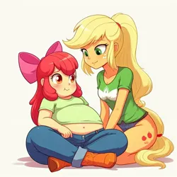 Size: 1024x1024 | Tagged: safe, ai content, derpibooru import, machine learning generated, prompter:tk-1976, apple bloom, applejack, human, equestria girls, g4, apple blob, apple sisters, belly, belly button, big belly, cutie mark, cutie mark on equestria girl, duo, duo female, fat, female, image, jpeg, kneeling, siblings, sisters, sitting, stuffed