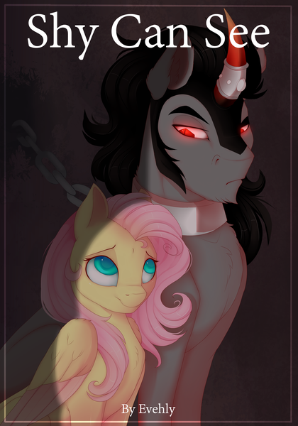 Size: 2100x3000 | Tagged: safe, artist:evehly, derpibooru import, fluttershy, king sombra, pegasus, pony, unicorn, fanfic, fanfic:shy can see, g4, chains, fanfic art, fanfic cover, female, fimfiction, horn, image, male, png, ship:sombrashy, shipping, straight