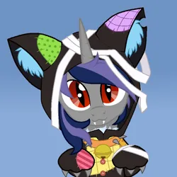 Size: 720x720 | Tagged: safe, artist:ghostpikachu, derpibooru import, oc, oc:dreaming star, unofficial characters only, bat pony, bat pony unicorn, hybrid, pony, unicorn, g4, :3, base used, cat ears, catsuit, claws, clothes, collar, costume, cute, ear fluff, fangs, hoodie, horn, image, kigurumi, looking at you, ocbetes, png, red eyes, simple background, solo, spiked collar