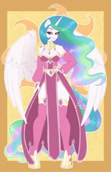 Size: 1650x2550 | Tagged: safe, artist:inkkeystudios, derpibooru import, princess celestia, alicorn, anthro, pony, unguligrade anthro, g4, clothes, cutie mark background, detached sleeves, dress, ethereal hair, ethereal mane, ethereal tail, female, horn, image, jpeg, off shoulder, ponytober, smug, socks, solo, stockings, strapless dress, tail, thigh highs, wings