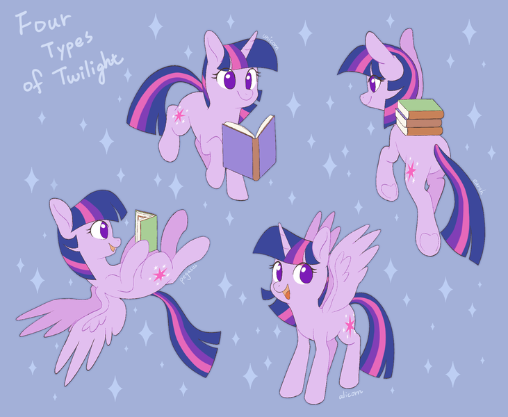 Size: 2070x1700 | Tagged: safe, artist:sion, derpibooru import, twilight sparkle, twilight sparkle (alicorn), alicorn, earth pony, pegasus, pony, unicorn, g4, blue background, book, bookhorse, cute, earth pony twilight, female, flying, image, mare, no pupils, open mouth, open smile, pegasus twilight sparkle, png, race swap, reading, signature, simple background, smiling, spread wings, twiabetes, unicorn twilight, wings