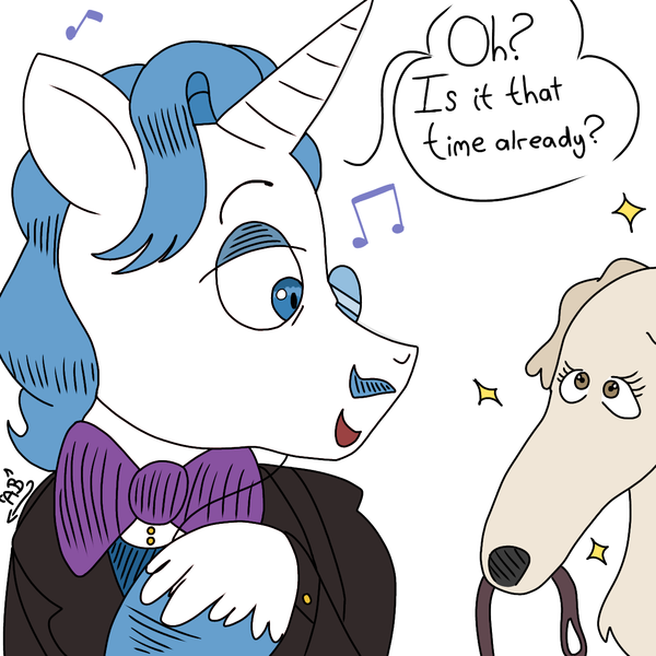 Size: 1280x1280 | Tagged: safe, artist:fancytreats, derpibooru import, fancypants, dog, unicorn, g4, borzoi, bowtie, colored sketch, digital art, happy, horn, image, implied piano, leash, monocle, music, music notes, musical instrument, pet, piano, playing piano, pleading eyes, png, sketch, sparkles, speech, speech bubble, talking, text, unicorn horn, unshorn fetlocks