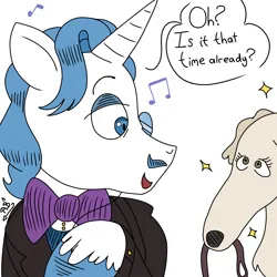 Size: 1280x1280 | Tagged: safe, artist:fancytreats, derpibooru import, fancypants, dog, unicorn, g4, borzoi, bowtie, colored sketch, digital art, happy, horn, image, implied piano, leash, monocle, music, music notes, musical instrument, pet, piano, playing piano, pleading eyes, png, sketch, sparkles, speech, speech bubble, talking, text, unicorn horn, unshorn fetlocks