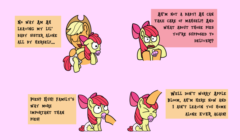 Size: 3505x2048 | Tagged: safe, artist:snowflakepone, derpibooru import, apple bloom, applejack, earth pony, pony, g4, somepony to watch over me, adult, comedy, diaper, duo, duo female, female, filly, foal, image, mare, non-baby in diaper, png, scene interpretation, simple background, text