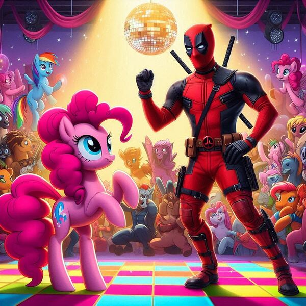 Size: 1024x1024 | Tagged: safe, ai content, derpibooru import, machine learning generated, prompter:bluey2309, pinkie pie, rainbow dash, pegasus, g4, crossover, deadpool, female, image, jpeg, male, marvel, party, superhero, wrong cutie mark