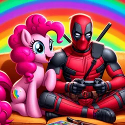 Size: 1024x1024 | Tagged: safe, ai content, derpibooru import, machine learning generated, prompter:bluey2309, pinkie pie, g4, controller, couch, deadpool, female, image, jpeg, male, marvel, rainbow, superhero, video game, wrong cutie mark