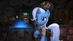 Size: 3840x2160 | Tagged: safe, artist:owlpirate, derpibooru import, trixie, pony, unicorn, g4, 3d, 4k, bag, book, cauldron, clothes, female, furrowed brow, gears, hat, high res, hoof hold, horn, image, indoors, looking at you, mare, png, saddle bag, smiling, smiling at you, smirk, solo, source filmmaker, steampunk, telescope, top hat, vest