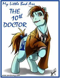 Size: 2153x2786 | Tagged: safe, artist:amelie-ami-chan, derpibooru import, part of a set, earth pony, pony, series:my little bad ass, 2011, clothes, david tennant, doctor who, image, jacket, jpeg, looking at you, male, necktie, not doctor whooves, part of a series, raised hoof, signature, simple background, stallion, tenth doctor, white background