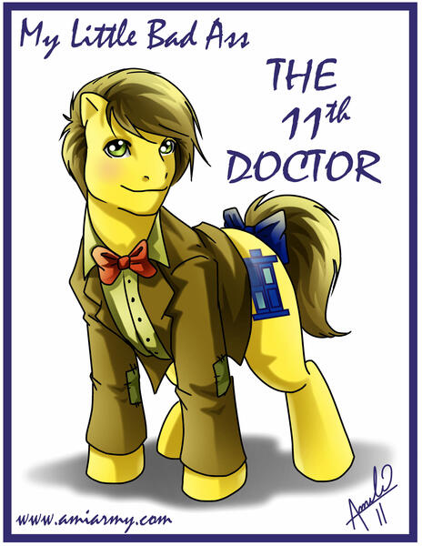 Size: 2153x2786 | Tagged: safe, artist:amelie-ami-chan, derpibooru import, part of a set, ponified, earth pony, pony, series:my little bad ass, 2011, bow, bowtie, clothes, doctor who, eleventh doctor, image, jacket, jpeg, looking at you, male, necktie, part of a series, signature, simple background, stallion, tail, tail bow, white background