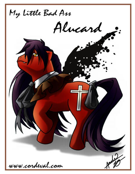 Size: 2153x2786 | Tagged: safe, artist:amelie-ami-chan, derpibooru import, ponified, pony, undead, vampire, series:my little bad ass, 2010, alucard, bow, fangs, hellsing, image, jpeg, male, raised hoof, simple background, solo, stallion, tail, tail bow, white background