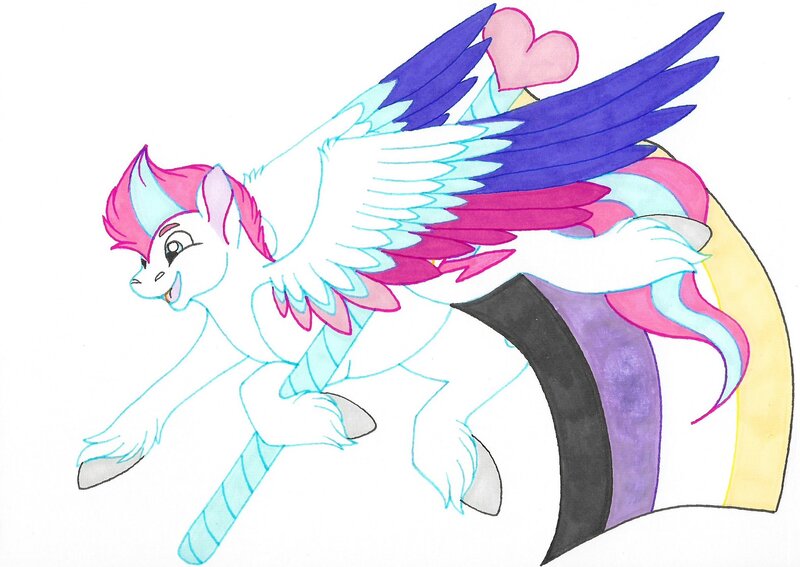 Size: 2048x1452 | Tagged: safe, artist:reskell492, derpibooru import, zipp storm, pegasus, pony, g5, colored, colored wings, flying, heart, image, jpeg, large wings, leg hold, multicolored wings, nonbinary, nonbinary pride flag, open mouth, open smile, pride, pride flag, simple background, smiling, solo, traditional art, unshorn fetlocks, white background, wings