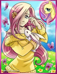 Size: 2153x2786 | Tagged: safe, artist:amelie-ami-chan, derpibooru import, angel bunny, fluttershy, human, rabbit, g4, animal, clothes, duo, female, humanized, image, jpeg, male, solo, sweater, sweatershy