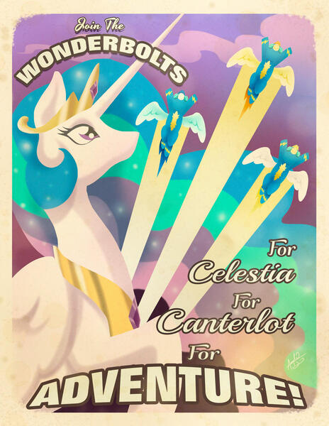 Size: 2153x2786 | Tagged: safe, artist:amelie-ami-chan, derpibooru import, princess celestia, soarin', spitfire, alicorn, pegasus, pony, g4, female, image, jpeg, male, mare, poster, propaganda, stallion, surprise (g4), wonderbolts