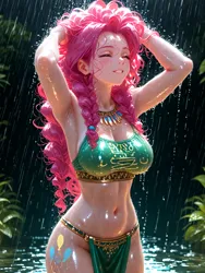 Size: 960x1280 | Tagged: suggestive, ai content, derpibooru import, machine learning generated, pinkie pie, human, g4, belly, belly button, big breasts, braid, breasts, busty pinkie pie, cleavage, clothes, cutie mark on human, detailed, eyes closed, female, forest, gold, hairpin, hands on head, high res, image, jewelry, jungle, loincloth, long hair, looking away, looking up, midriff, nature, necklace, night, outdoors, partially submerged, png, prompter:sammykun, rain, realistic, shower, solo, tanktop, tree, tribal, twin braids, upscaled, wet, wet hair, wide hips