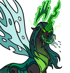 Size: 1461x1536 | Tagged: safe, artist:melspyrose, derpibooru import, queen chrysalis, oc, oc:king metamorphosis, g4, evil, evil grin, glow, glowing eyes, glowing horn, grin, horn, image, king metamorphosis, png, rule 63, salivating, sharp teeth, smiling, teeth, tongue out