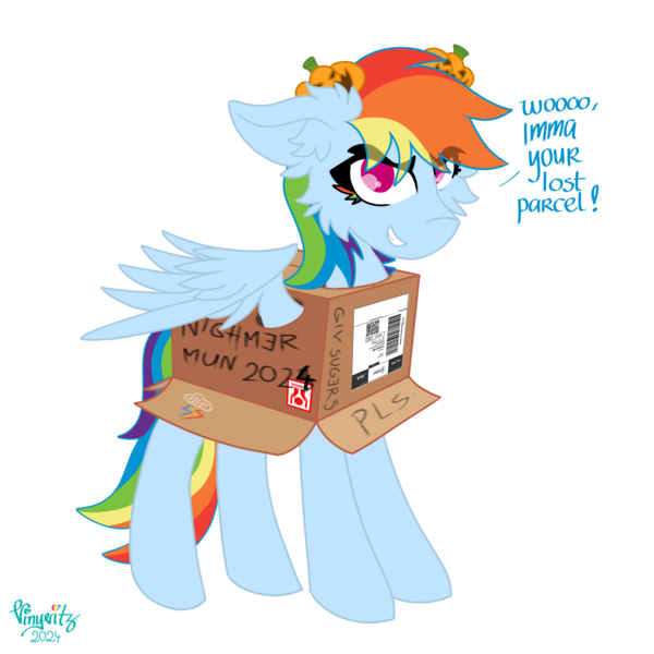 Size: 4096x4096 | Tagged: safe, artist:vinyvitz, derpibooru import, rainbow dash, pegasus, pony, box, derpibooru exclusive, ear fluff, eyelashes, female, grammar, grammar error, hairpin, halloween, holiday, image, jack-o-lantern, looking at you, marker drawing, mlp fim's fourteenth anniversary, multicolored hair, multicolored tail, png, polish, pony in a box, pumpkin, qr code, simple background, smiling, solo, speech, spread wings, standing, tail, talking, text, traditional art, transparent background, wings