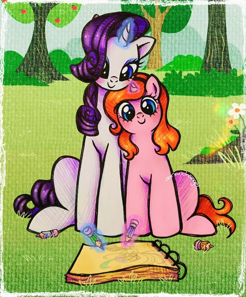 Size: 1693x2048 | Tagged: safe, artist:dariarchangel, derpibooru import, rarity, oc, oc:dazha, pony, unicorn, g4, adorable face, apple, apple tree, blue eyes, blue eyeshadow, blushing, bush, c:, colored pencils, cuddling, cute, cute face, cute smile, daaaaaaaaaaaw, drawing, duo, duo female, eyeshadow, female, female oc, flower, food, glow, glowing horn, grass, hairband, height difference, hnnng, horn, image, jpeg, levitation, looking down, magic, magic aura, makeup, ocbetes, orange hair, orange mane, orange tail, outdoors, physique difference, pink coat, platonic, platonic cuddling, pony oc, purple hair, purple mane, purple tail, raribetes, sitting, size comparison, sketch, sketchbook, smiling, smol, sweet dreams fuel, tail, telekinesis, too cute, traditional art, tree, unicorn oc, weapons-grade cute, white coat