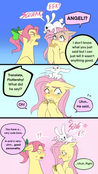 Size: 1746x3084 | Tagged: safe, artist:aztrial, derpibooru import, angel bunny, fluttershy, posey (g5), earth pony, pegasus, pony, rabbit, g4, g5, angel bunny is not amused, angry, animal, annoyed, blushing, bow, comic, cross-popping veins, emanata, female, floppy ears, generation leap, gritted teeth, hair bow, image, lying, male, mare, nervous, png, ponytail, posey bloom is not amused, posey can't catch a break, shy, sweat, sweatdrop, teeth, unamused, unitober 2024, unshorn fetlocks