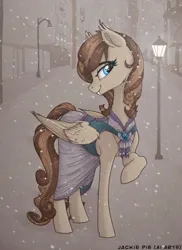 Size: 1024x1408 | Tagged: safe, ai content, derpibooru import, machine learning generated, stable diffusion, oc, oc:milky haven, unofficial characters only, bat pony, pony, city, clothes, dress, fangs, female, festral, folded wings, generator:pony diffusion v6 xl, image, jpeg, mare, outdoors, prompt in description, prompter:jackiepie, smiling, wings