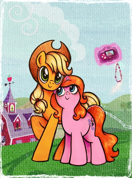 Size: 1520x2048 | Tagged: safe, artist:dariarchangel, derpibooru import, applejack, oc, oc:dazha, earth pony, pony, unicorn, g4, adorable face, applejack's hat, blonde, blonde hair, blonde mane, blonde tail, blue eyes, blue sky, c:, camera, cloud, cowboy hat, cute, cute face, cute smile, daaaaaaaaaaaw, duo, duo female, female, female oc, glow, glowing horn, grass, green eyes, hair tie, hat, height difference, hnnng, horn, image, jackabetes, jpeg, keychain, long hair, long mane, long tail, looking at someone, looking at the camera, looking up, magic, magic aura, mare, ocbetes, orange coat, orange hair, orange mane, orange tail, outdoors, photo, physique difference, pink coat, platonic, pony oc, posing for photo, raised hoof, size comparison, sky, small horn, smiling, smol, stetson, sweet apple acres, sweet dreams fuel, tail, taking a photo, telekinesis, tied hair, tied mane, too cute, traditional art, unicorn oc, weapons-grade cute