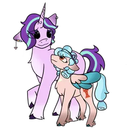 Size: 2500x2500 | Tagged: safe, artist:birbnerd17, derpibooru import, cozy glow, starlight glimmer, pegasus, pony, unicorn, g4, alternate style, colored wings, colored wingtips, deviantart, female, fetlock tuft, filly, foal, horn, image, mare, png, side by side, simple background, transparent background, unshorn fetlocks, what if, wings