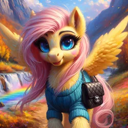 Size: 4096x4096 | Tagged: safe, ai content, machine learning generated, ponerpics import, ponybooru import, fluttershy, pegasus, pony, autumn, bag, clothes, cute, digital painting, female, fluffy, image, looking at you, mare, no pupils, outdoors, png, purse, rainbow, saddle bag, solo, spread wings, sweater, waterfall, wings