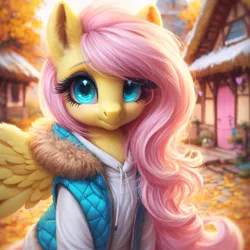 Size: 4096x4096 | Tagged: safe, ai content, machine learning generated, ponerpics import, ponybooru import, fluttershy, pegasus, pony, autumn, clothed ponies, clothes, female, image, looking at you, mare, pink mane, png, ponyville, solo, winter outfit