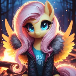 Size: 4096x4096 | Tagged: safe, ai content, machine learning generated, ponerpics import, ponybooru import, fluttershy, pegasus, pony, best pony, campfire, clothed ponies, clothes, cute, female, forest, image, looking at you, mare, night, pink mane, png, smiling, smiling at you, solo, spread wings, tree, wings, winter outfit