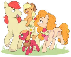 Size: 805x643 | Tagged: safe, artist:cuteosphere, ponerpics import, ponybooru import, apple bloom, applejack, big macintosh, bright mac, pear butter, earth pony, pony, :d, baby, baby apple bloom, baby pony, colt, eyes closed, female, filly, foal, grass, hat, image, male, mare, png, riding, simple background, stallion, transparent background, unshorn fetlocks, yoke, younger