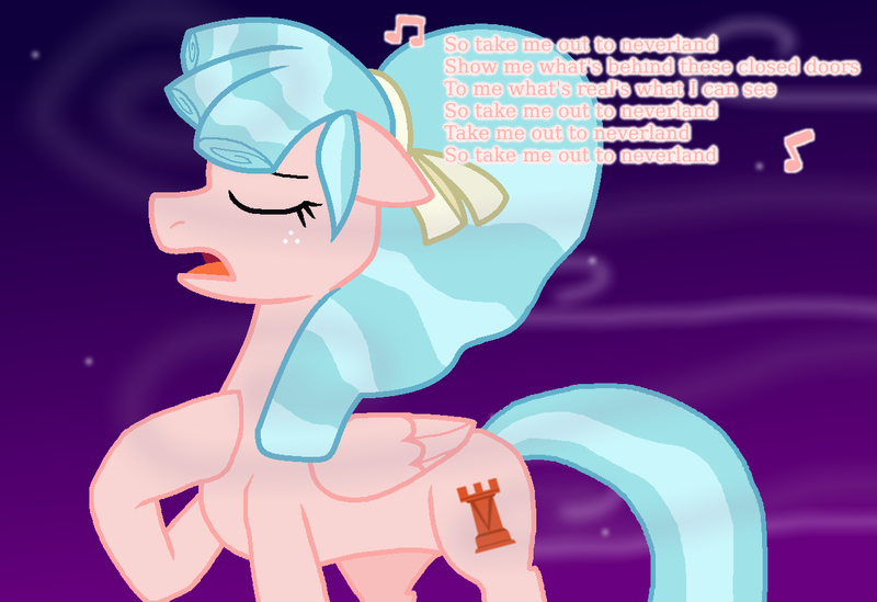 Size: 1228x842 | Tagged: safe, artist:alexeigribanov, derpibooru import, cozy glow, g4, eyes closed, hoof on chest, image, lyrics, lyrics in the description, music notes, png, purple sky, singing, song in the description, text