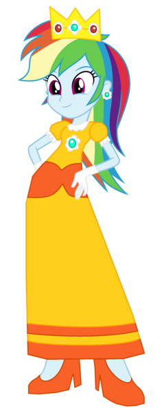 Size: 1237x3149 | Tagged: safe, artist:noahishere18, derpibooru import, rainbow dash, human, equestria girls, g4, clothes, crown, cute, dashabetes, dress, female, gloves, gown, hand on hip, high heels, image, jewelry, png, princess daisy, rainbow dash always dresses in style, regalia, shoes, solo, super mario bros.