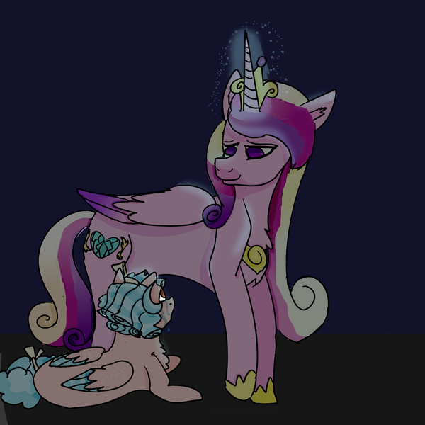 Size: 1500x1500 | Tagged: safe, artist:catsouttathebag, derpibooru import, cozy glow, princess cadance, g4, colored wings, colored wingtips, crying, description, glow, glowing horn, horn, image, png, redemption, reformation, reformed villain, smiling, story included, what if, wings