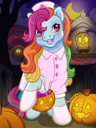 Size: 1800x2400 | Tagged: safe, artist:sparkytopia, derpibooru import, rainbow dash (g3), earth pony, pony, g3, clothes, commission, costume, dress, female, gloves, halloween, halloween costume, hat, holiday, image, jack-o-lantern, mare, multicolored hair, night, nurse hat, nurse outfit, outdoors, pink eyes, png, pumpkin, rainbow hair, solo, trick or treat, ych example, your character here