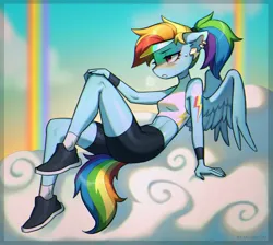 Size: 3000x2691 | Tagged: safe, artist:saturn cat, derpibooru import, rainbow dash, anthro, pegasus, plantigrade anthro, pony, g4, blushing, border, chromatic aberration, clothes, cloud, compression shorts, cutie mark accessory, cutie mark earrings, cutie mark tattoo, ear piercing, earring, female, hand on knee, hand on leg, high res, image, jewelry, jpeg, mare, midriff, one leg raised, partially open wings, piercing, ponytail, rainbow, shirt, shoes, shorts, sigh, signature, sitting, socks, solo, sweat, sweatdrop, tail, tanktop, tattoo, visor, wings, wristband