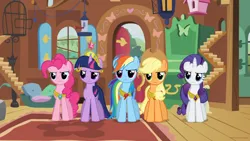 Size: 1920x1080 | Tagged: safe, derpibooru import, screencap, applejack, pinkie pie, rainbow dash, rarity, twilight sparkle, earth pony, pegasus, pony, unicorn, g4, keep calm and flutter on, 16:9, applejack is not amused, applejack's hat, big crown thingy, cowboy hat, element of generosity, element of honesty, element of laughter, element of loyalty, element of magic, fluttershy's cottage, frown, group, hat, horn, image, jewelry, jpeg, pinkie pie is not amused, quintet, rainbow dash is not amused, rarity is not amused, regalia, twilight sparkle is not amused, unamused, unicorn twilight