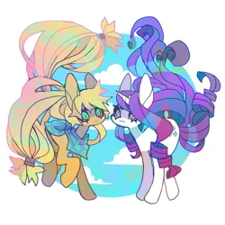 Size: 879x879 | Tagged: safe, artist:cutesykill, derpibooru import, applejack, rarity, earth pony, pony, unicorn, g4, :3, alternate accessories, bandana, beanbrows, big ears, big eyes, big mane, big tail, blonde mane, blonde tail, blue eyes, blue eyeshadow, circle background, cloud, cute, duo, eyebrows, eyeshadow, female, flowing mane, flowing tail, green eyes, hair tie, hatless, horn, image, long mane, long tail, makeup, mane tie, mare, missing accessory, neckerchief, no catchlights, png, ponytail, purple mane, purple tail, raised hoof, ringlets, simple background, slender, slit pupils, tail, tail tie, tall ears, thick eyelashes, thin, three quarter view, tied mane, tied tail, unicorn horn, white background