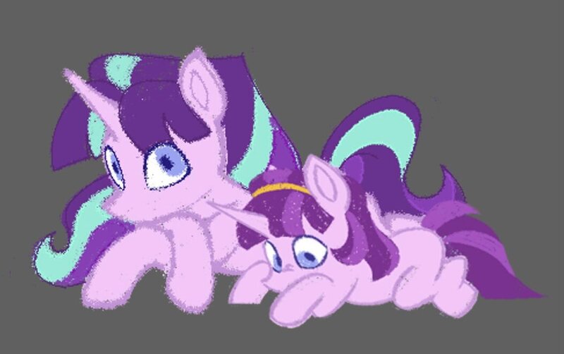 Size: 1054x661 | Tagged: safe, artist:partyponypower, artist:starlightglmr, derpibooru import, starlight glimmer, pony, unicorn, g4, alternate mane color, alternate tail color, alternate universe, crossed hooves, duo, duo female, female, filly, filly starlight glimmer, gray background, headband, horn, image, jpeg, looking away, looking down, lying down, mare, no catchlights, no mouth, pink coat, prone, purple eyes, purple mane, purple tail, s5 starlight, self paradox, self ponidox, simple background, straight mane, tail, three quarter view, three toned mane, three toned tail, two toned mane, two toned tail, unicorn horn, younger