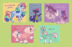 Size: 3309x2140 | Tagged: safe, artist:k-eilonwy, derpibooru import, master kenbroath gilspotten heathspike, minty, pinkie pie (g3), rainbow dash (g3), wysteria, dragon, earth pony, pony, g3, image, jpeg