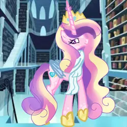 Size: 894x894 | Tagged: safe, artist:mlpedits123, derpibooru import, princess cadance, alicorn, pony, g4, bookshelf, crystal empire, image, jpeg, library, screencap background, solo