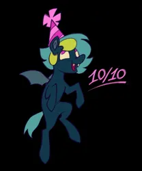 Size: 831x1000 | Tagged: safe, artist:partyponypower, derpibooru import, oc, oc:nonapplicable, unofficial characters only, bat pony, pony, bat pony oc, bat wings, birthday art, blue coat, colored pinnae, colored sclera, colored wings, fangs, flying, gray wings, green mane, green tail, hat, image, jpeg, looking up, no catchlights, no pupils, open mouth, open smile, party hat, pink eyes, pink text, ponysona, short mane, short tail, small wings, smiling, spread wings, tail, teal mane, teal tail, wings, yellow sclera