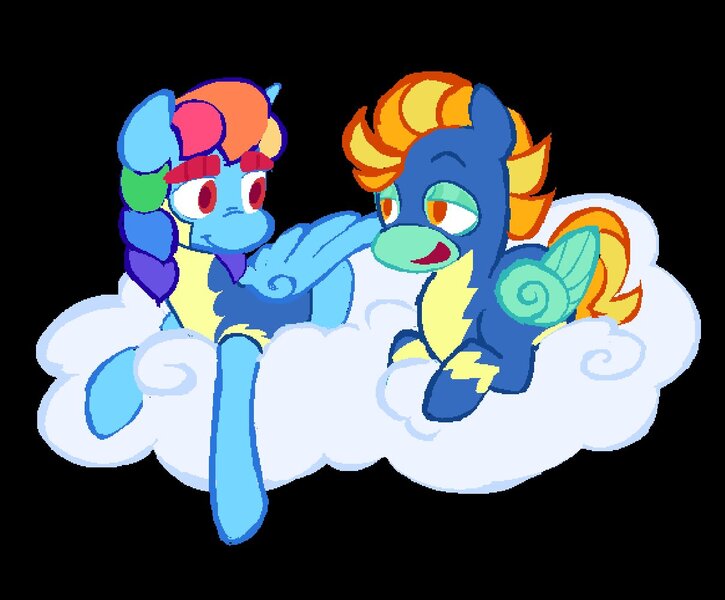 Size: 1208x1000 | Tagged: safe, artist:partyponypower, derpibooru import, lightning dust, rainbow dash, pegasus, pony, g4, alternate eye color, alternate hairstyle, alternate universe, black background, blue coat, clothes, cloud, colored lineart, colored pupils, duo, duo male and female, eyeshadow, female, folded wings, green coat, green eyeshadow, image, jpeg, lidded eyes, looking at each other, looking at someone, lying down, lying on a cloud, makeup, male, mare, mohawk, multicolored hair, multicolored mane, no catchlights, on a cloud, open mouth, open smile, orange eyes, orange pupils, pixel-crisp art, rainbow hair, red eyes, red pupils, simple background, smiling, smiling at each other, stallion, tail, thick eyebrows, three quarter view, trans male, trans rainbow dash, transgender, two toned mane, two toned tail, uniform, wings, wonderbolts uniform