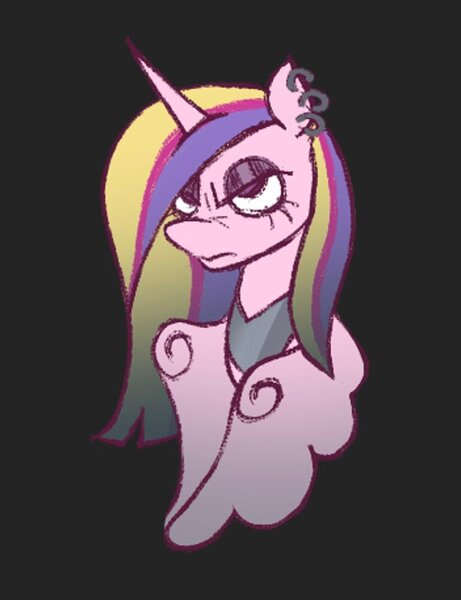 Size: 769x1000 | Tagged: safe, artist:partyponypower, derpibooru import, princess cadance, alicorn, pony, g4, alternate hairstyle, black background, bust, colored wings, ear piercing, earring, eyelashes, eyeshadow, female, frown, gameloft, gameloft interpretation, gradient wings, horn, image, jewelry, jpeg, long mane, makeup, mare, mirror universe, narrowed eyes, no catchlights, no pupils, peytral, piercing, pink coat, purple eyes, purple eyeshadow, simple background, solo, three toned mane, unicorn horn, wings, wings down