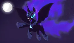 Size: 4175x2406 | Tagged: safe, artist:suryfromheaven, derpibooru import, nightmare moon, g4, armor, flying, image, looking at you, mlp fim's fourteenth anniversary, moon, night, open mouth, png, spread wings, stars, teeth, wings