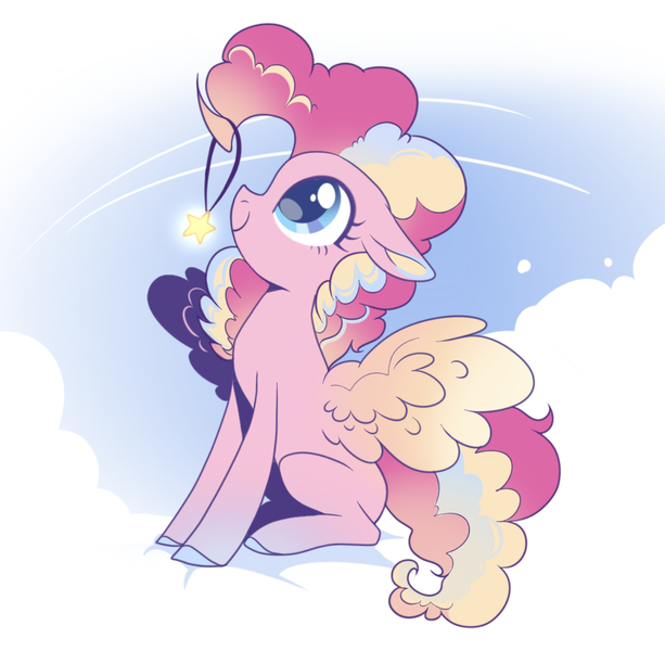 Size: 1352x1323 | Tagged: safe, artist:meteor s, derpibooru import, pinkie pie, pegasus, pony, g4, cloud, colored wings, female, gradient wings, image, jewelry, looking up, mare, multicolored hair, multicolored mane, necklace, on a cloud, png, sky, smiling, solo, spread wings, stars, wings