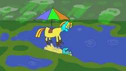 Size: 1920x1080 | Tagged: safe, artist:alltheclovers, derpibooru import, oc, oc:terri softmare, image, png, puddle, raincoat, reflection, saddle umbrella, sun rays