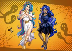 Size: 1459x1032 | Tagged: safe, artist:arsbin, derpibooru import, oc, oc:maya northwind, oc:sadie michaels, unofficial characters only, human, celestia costume, clothes, commission, costume, duo, halloween, halloween costume, holiday, human oc, image, jpeg, luna costume