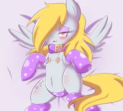 Size: 900x810 | Tagged: suggestive, derpibooru import, derpy hooves, pegasus, pony, g4, bed, belly, belly button, blushing, bra, bra on pony, clothes, collar, cutie mark, female, image, lying, lying down, mare, on back, on bed, panties, png, socks, solo, underwear